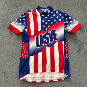 USA Flag Blue Red Sportswear Short Sleeve Full Zip Cycling Jersey Men's Size M